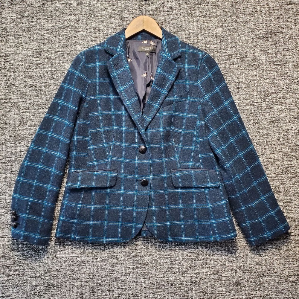 Talbots Windowpane Plaid Blazer Women 12P Blue Wool Blend Duck Lining Jacket
